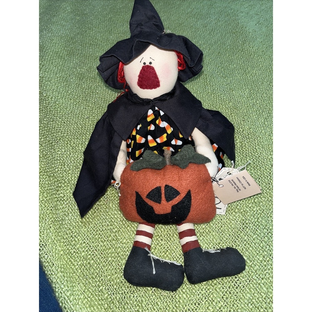 Primitive Witch Scarecrow‎ Cloth Doll , Felt Pumpkin, Possum Hollow, Halloween